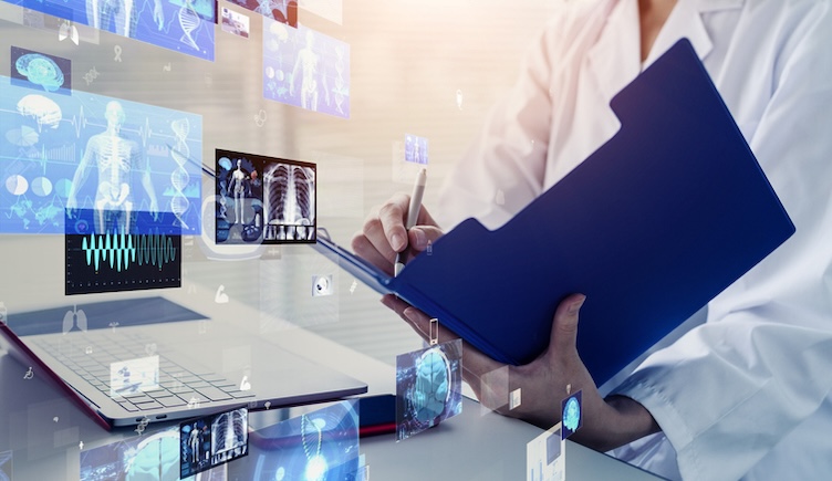 Artificial Intelligence transforming healthcare with digital representations of diagnostics and patient data analysis.